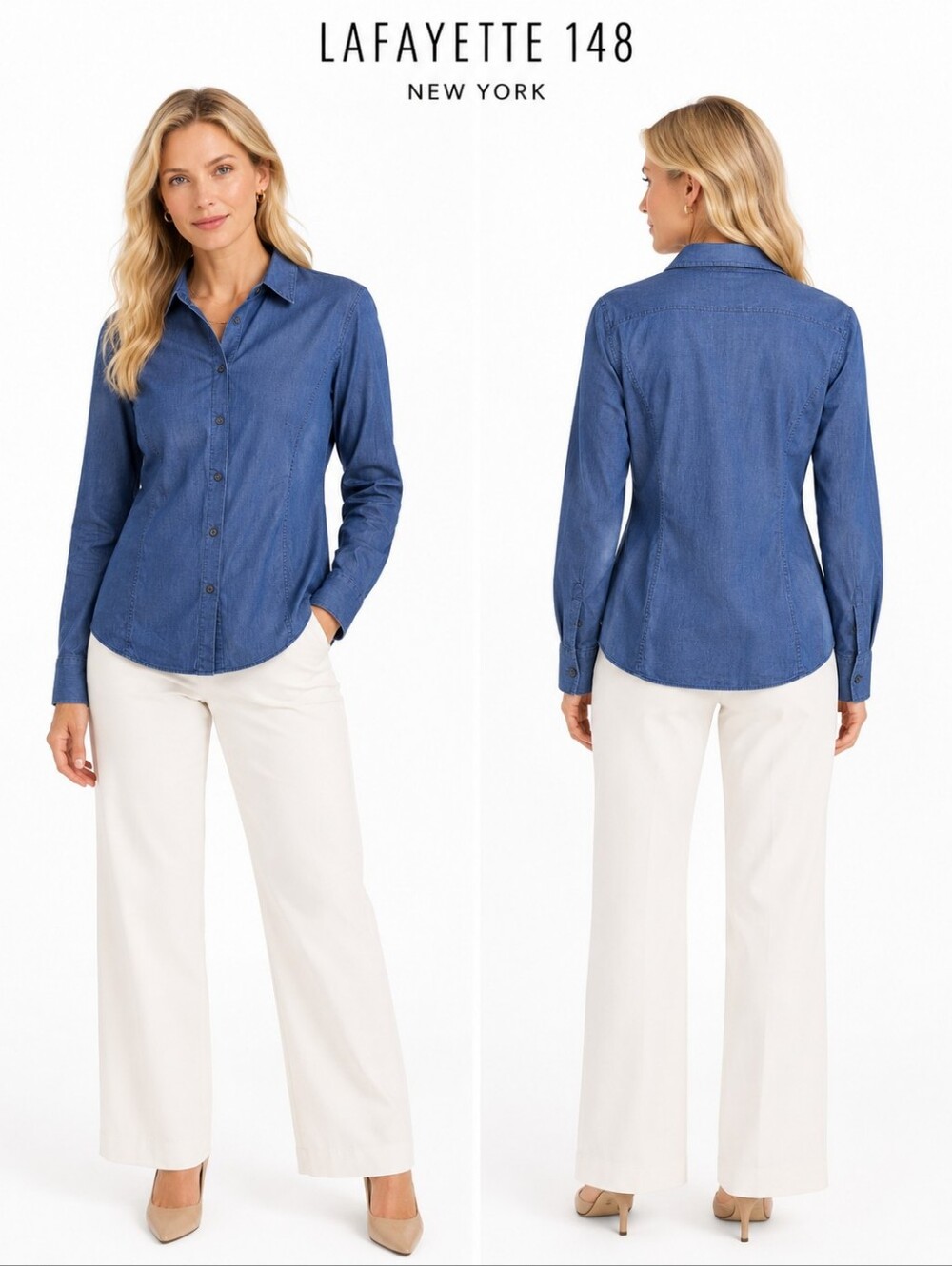 Lafayette 148 New York Lightweight Denim Button Front Shirt Women Blue Size 12 - Picture 8 of 8